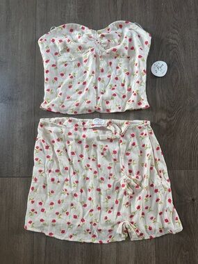 Sienna Sky Cream Floral Strapless Crop Top & Skirt Set with Pink Flowers
